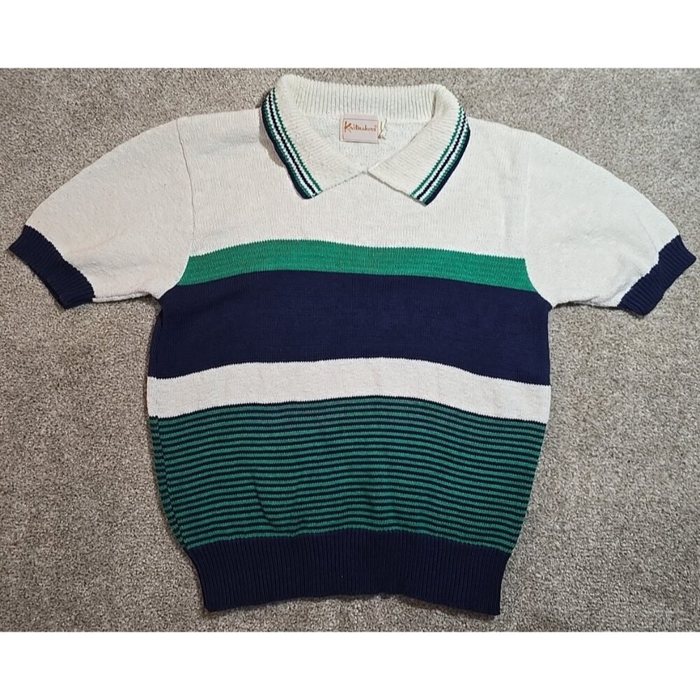 Knitmakers Vtg 100% Cotton Sweater USA Made Short Sleeve Striped Collar Women S